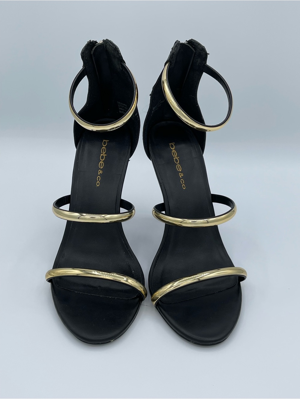 bebe Black Heeled Sandals with Gold Rings